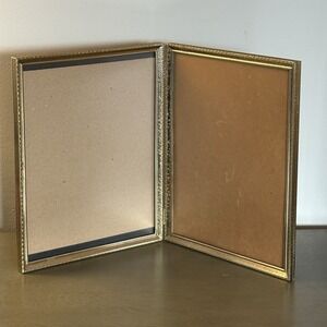Vintage 8x10 Photo Picture Frame Bi-fold Gold Tone Embossed Brass Metal Hinge